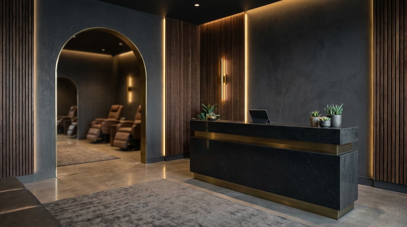 Impact Health Tupelo clinic interior — warm walnut and charcoal reception with gold accents, opening soon on West Main Street