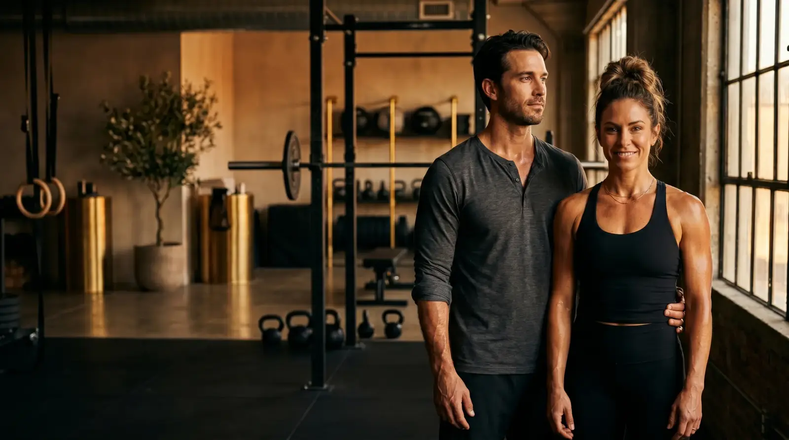An athletic couple in a premium Impact Health performance training facility with warm amber rim light, signaling vitality care for men and women across Mississippi and via telehealth.