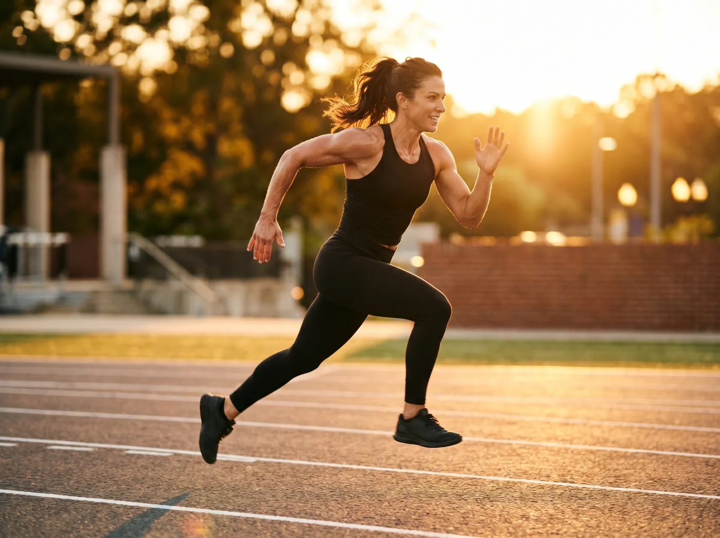 Athletic woman mid-stride sprinting on a track at golden hour, results step