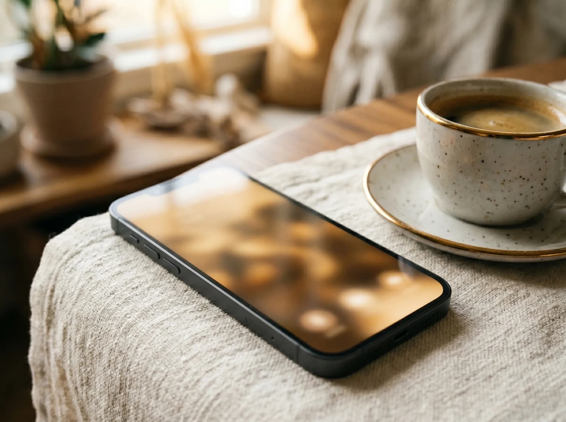 Editorial close-up of a smartphone with telehealth app on cream linen with warm coffee