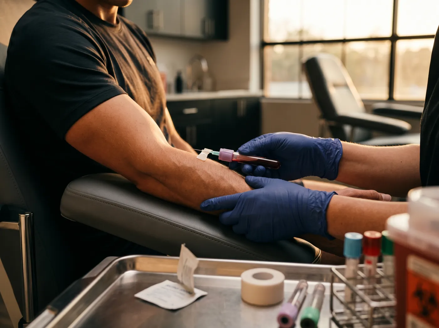 Editorial clinic scene, provider in nitrile gloves preparing an NAD+ injection and lab draw on a brushed steel tray