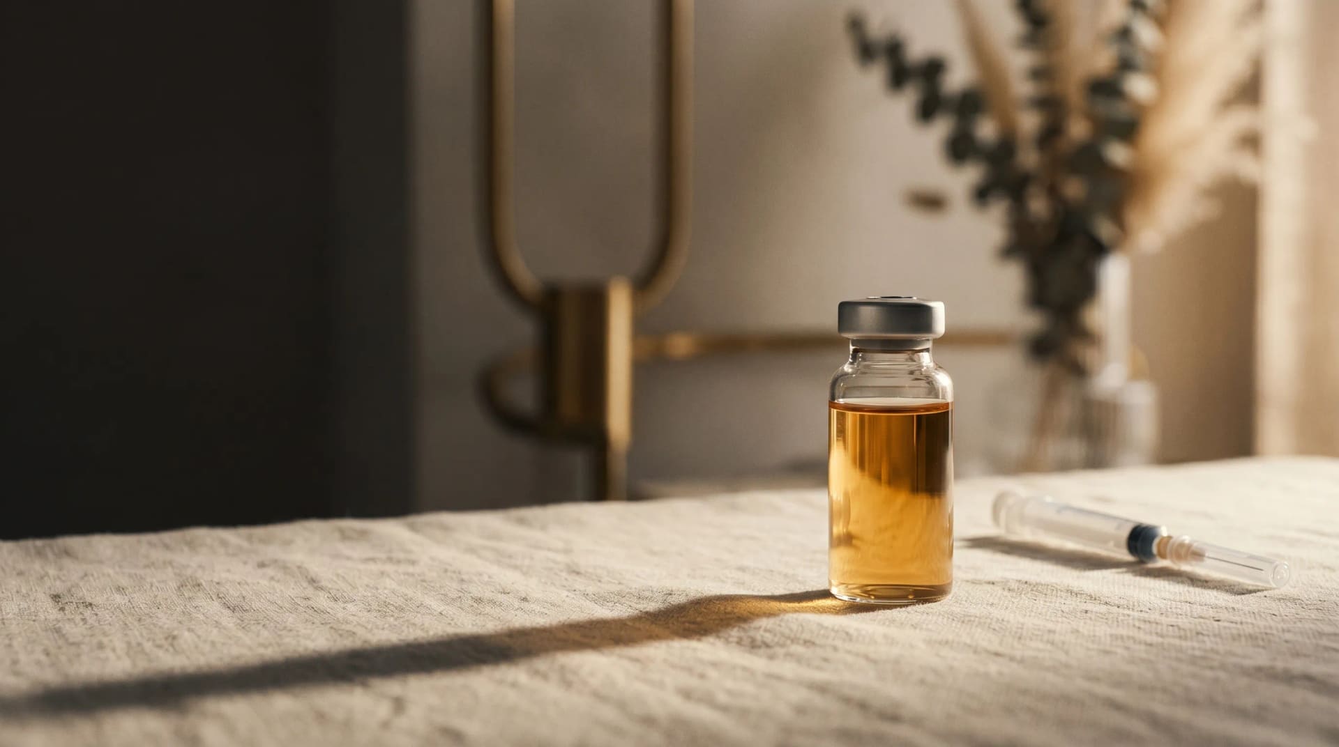 Editorial close-up of clinical peptide vials arranged in a tray under warm amber light
