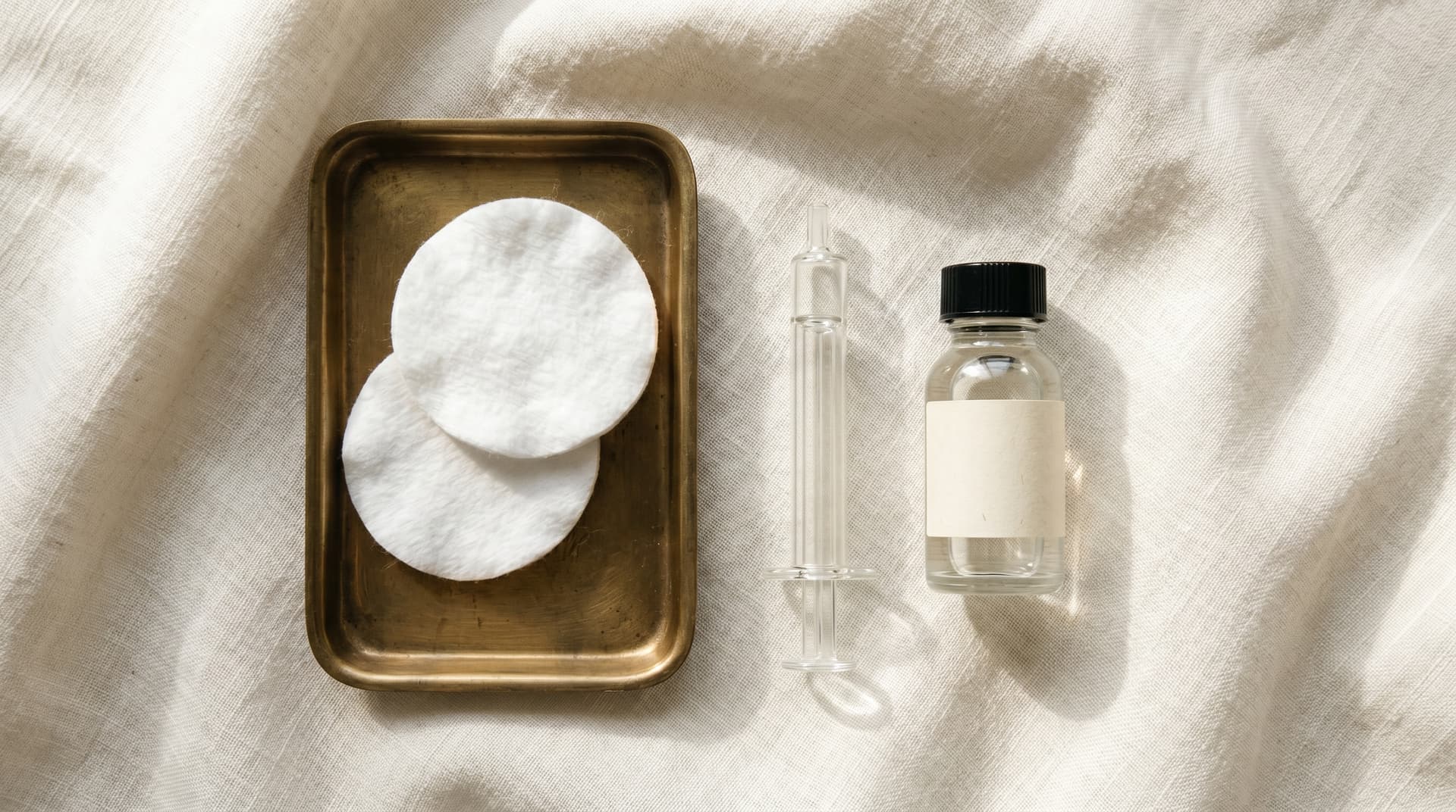 Glass syringe with cotton rounds in brass tray on ivory linen