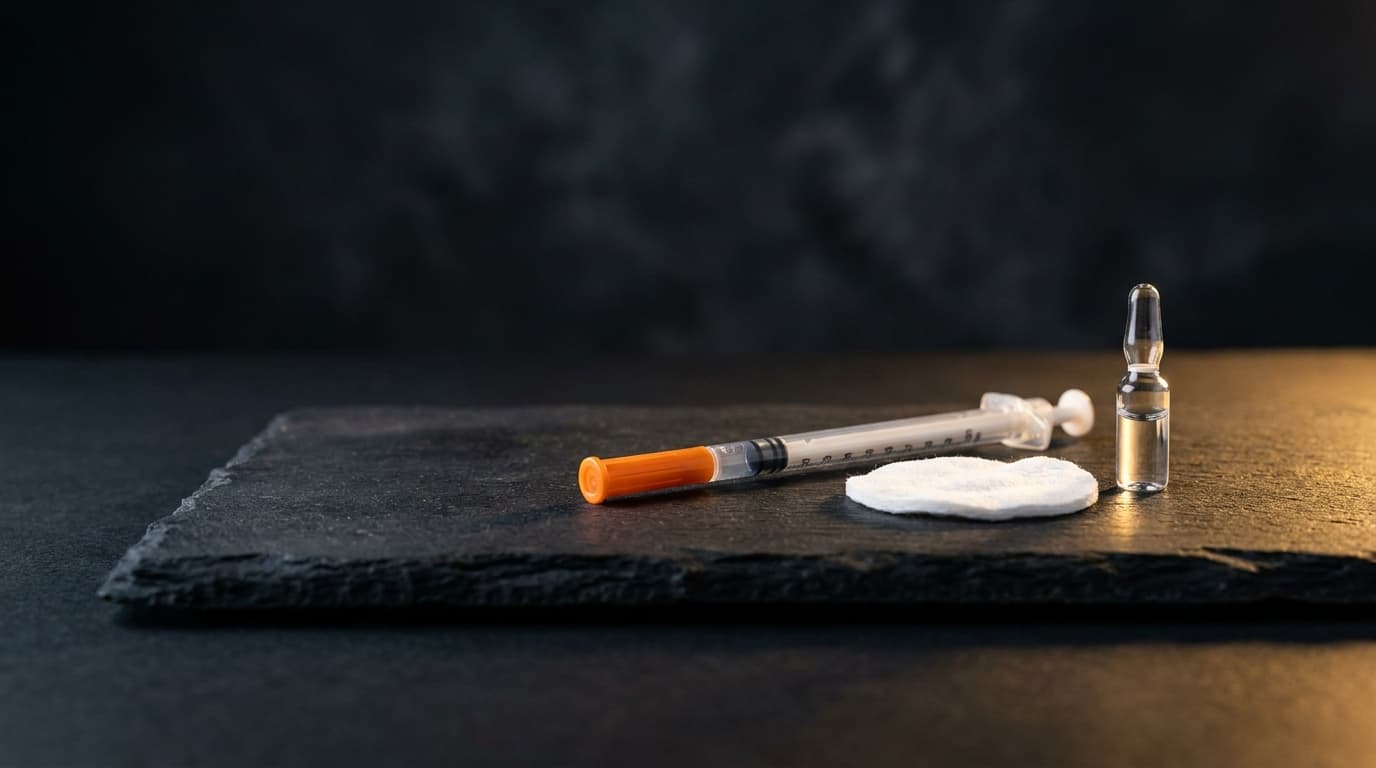 Glass syringe with cotton rounds in brass tray on ivory linen