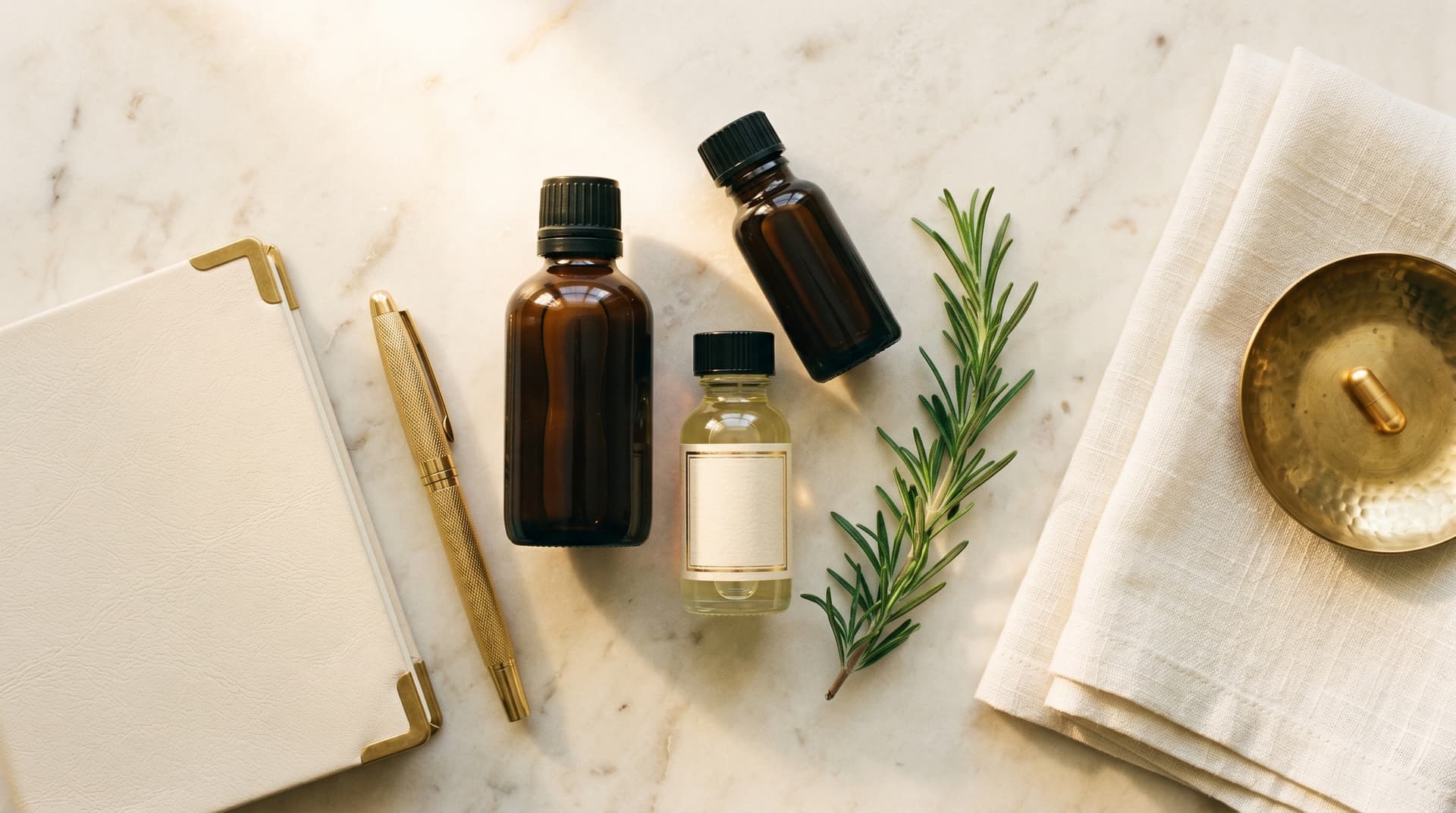 Curated wellness flat lay — amber apothecary vials, leather journal, brass dish, gold pen, and rosemary on cream marble