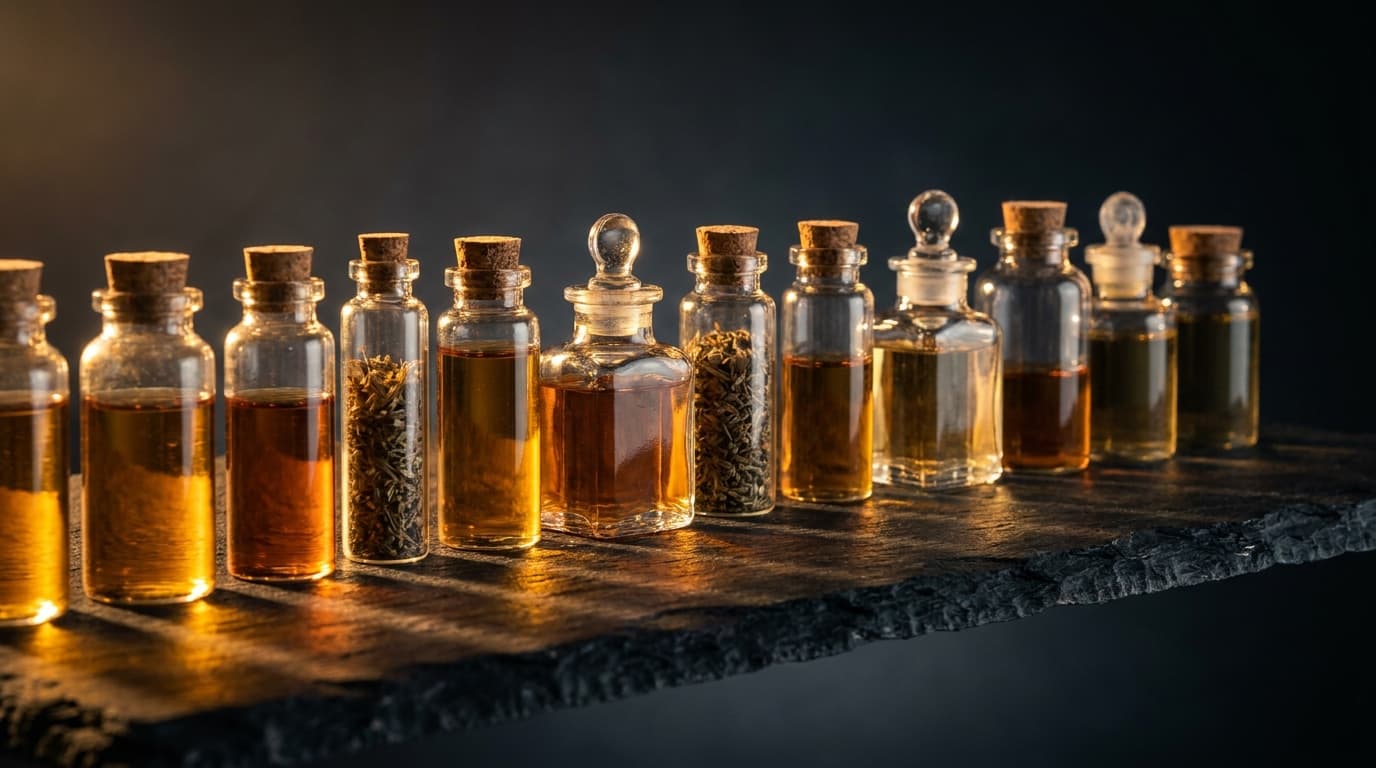 Curated wellness flat lay, amber apothecary vials, leather journal, brass dish, gold pen, and rosemary on cream marble