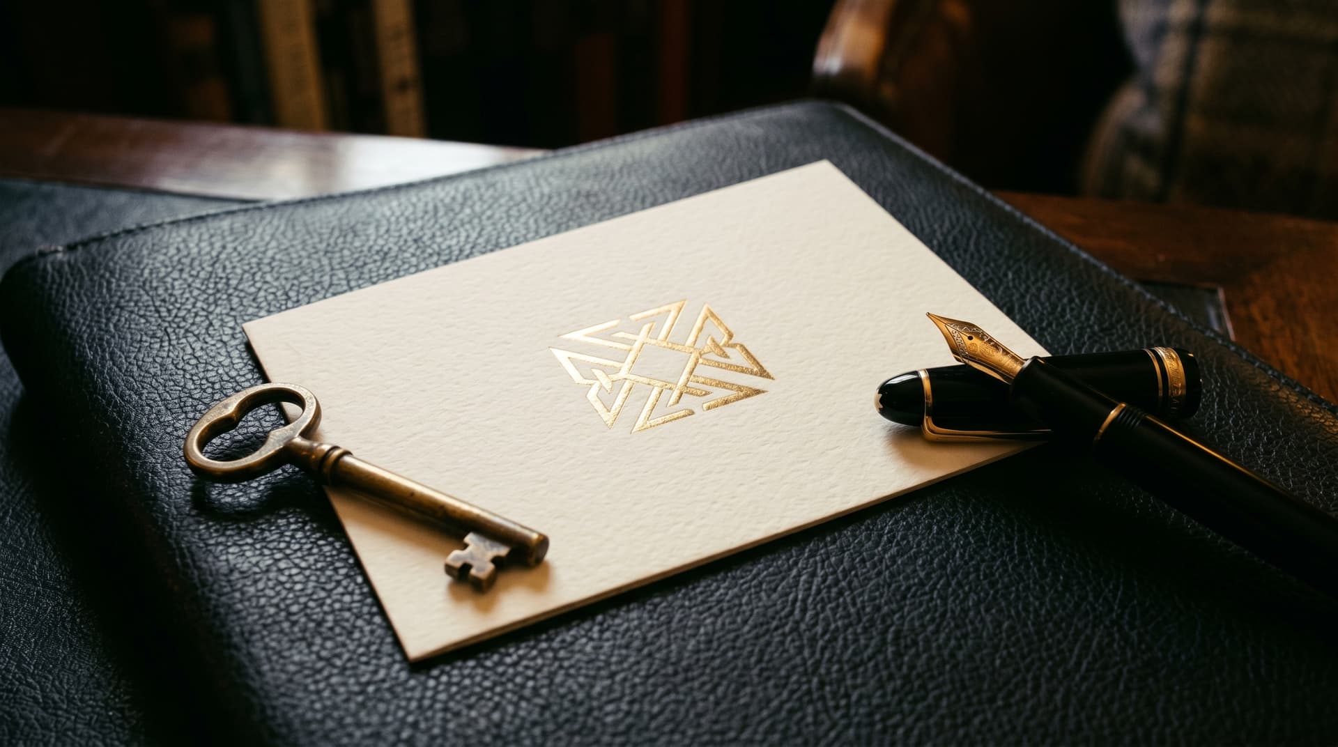 Embossed cream membership card on black leather portfolio with brass key