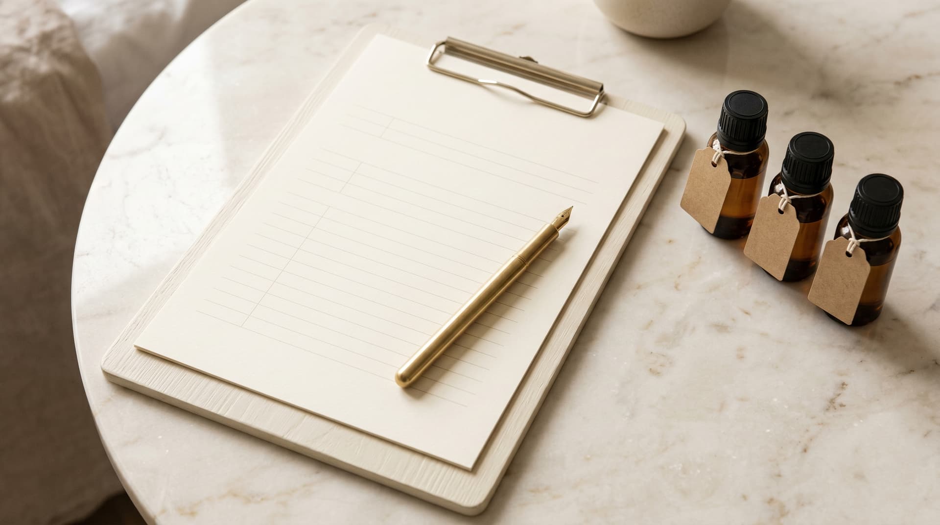 Cream clipboard with brass pen and three tagged amber vials on marble