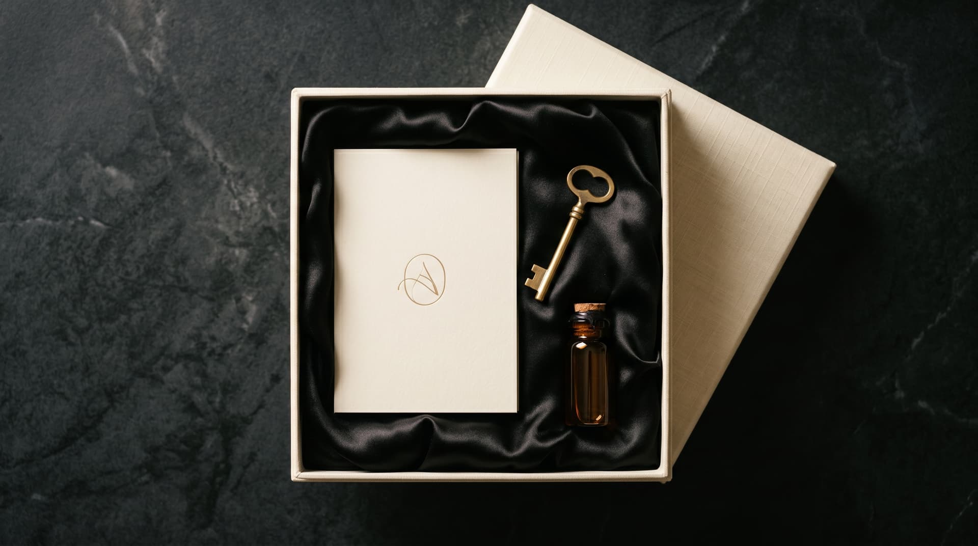 Cream gift box on black silk with gold-foiled welcome card and brass key