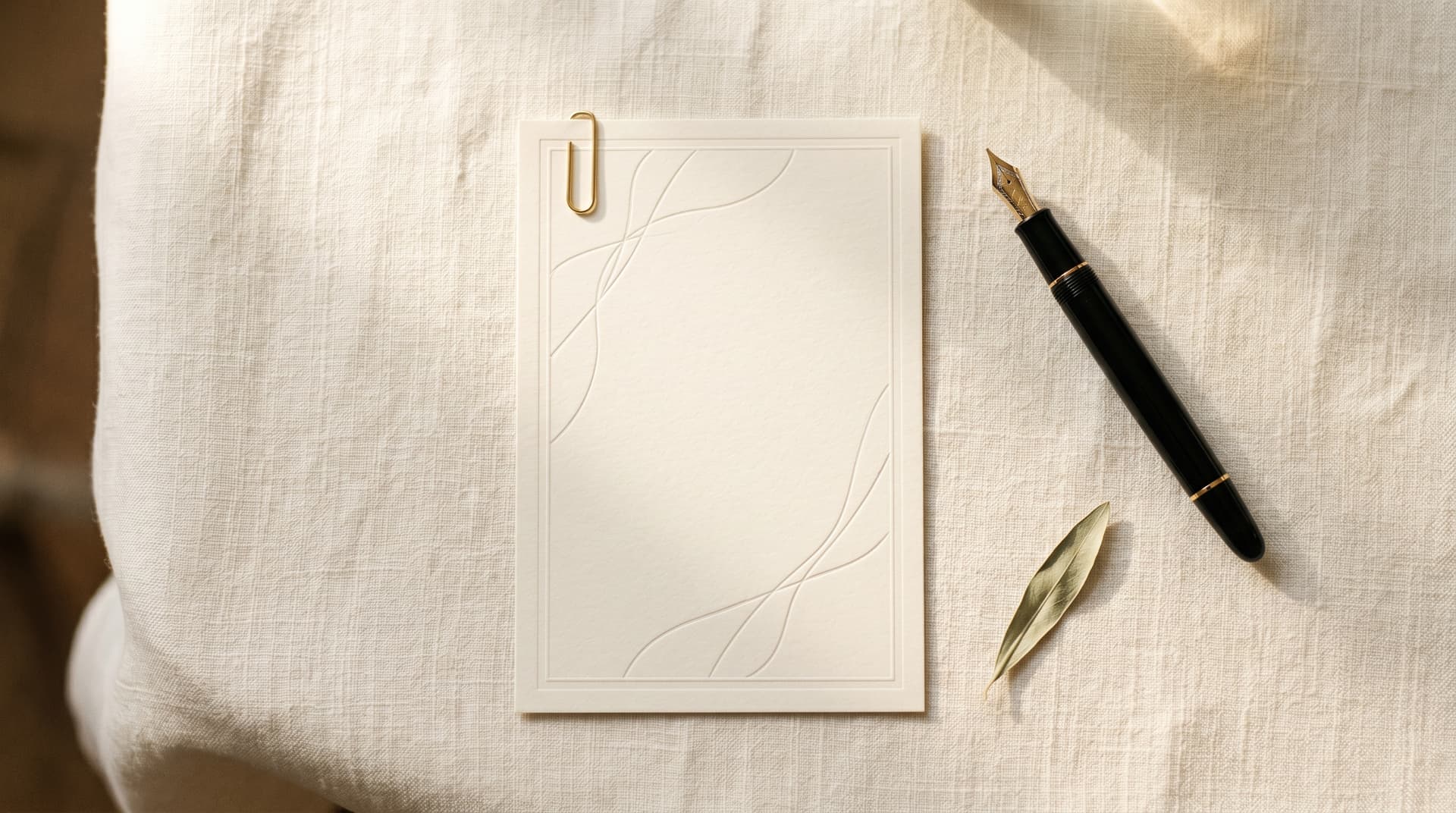 Embossed cream menu card with brass paper clip and fountain pen on linen