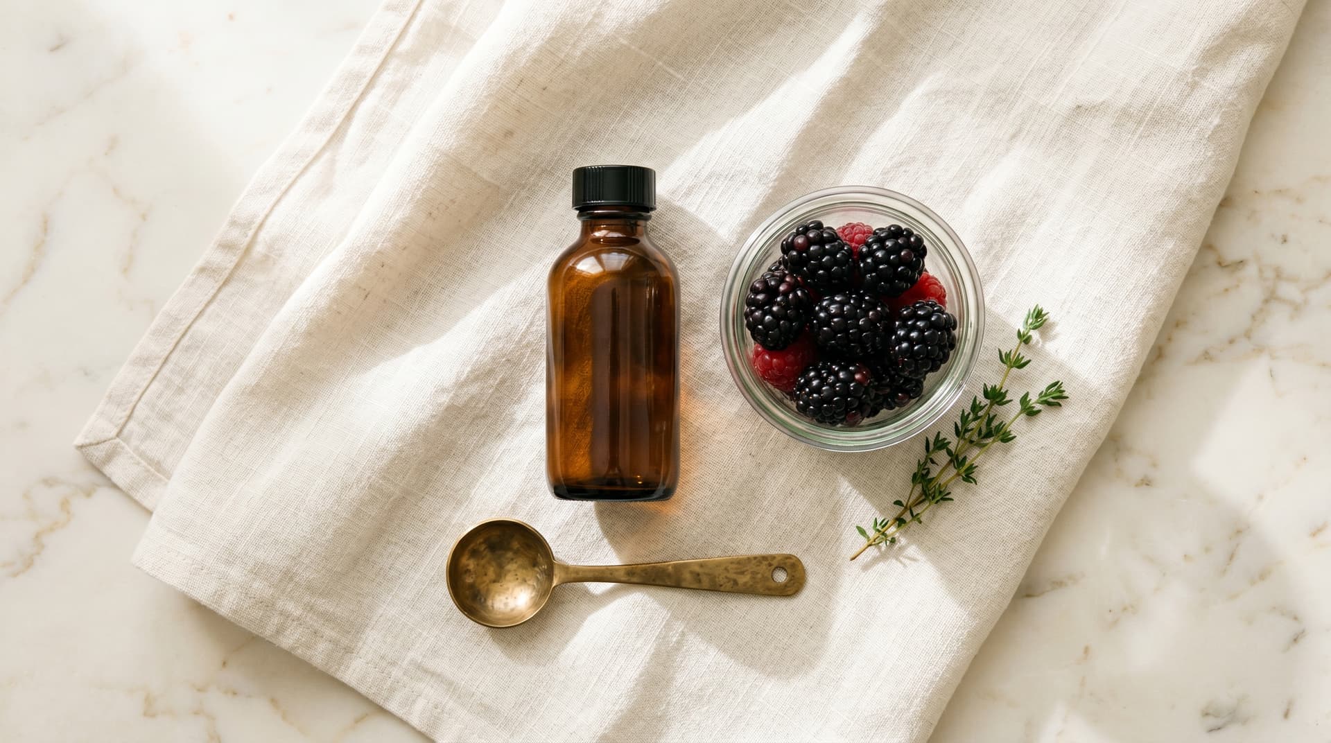 Amber Semaglutide vial with fresh berries and brass spoon on cream linen