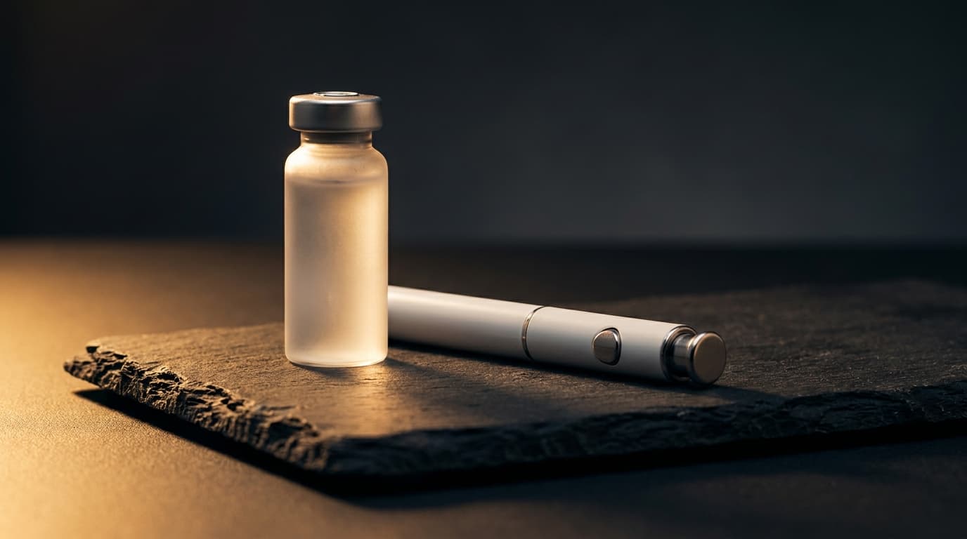 Amber Semaglutide vial with fresh berries and brass spoon on cream linen