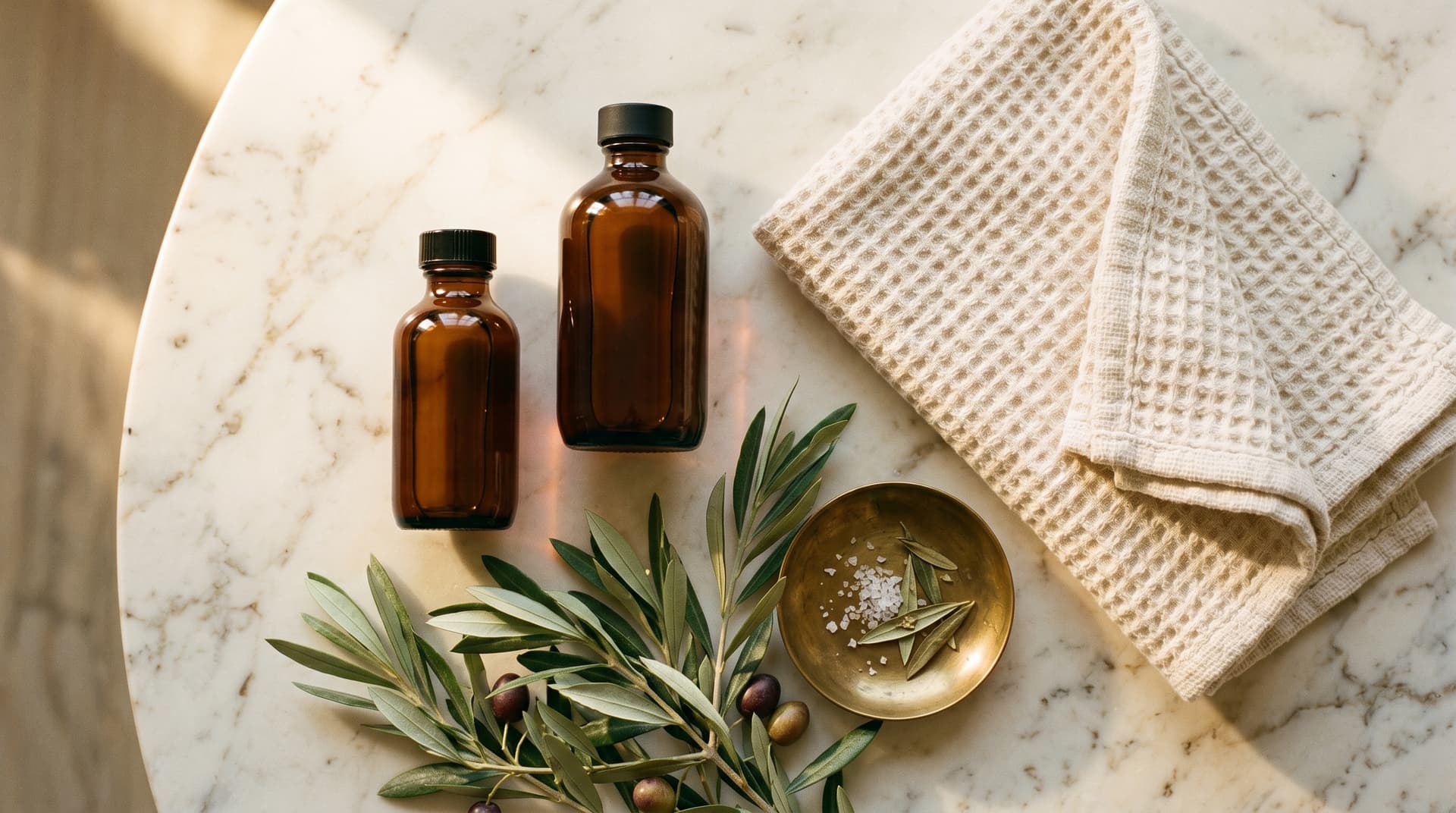 Two amber Tirzepatide vials with olive sprig on cream marble
