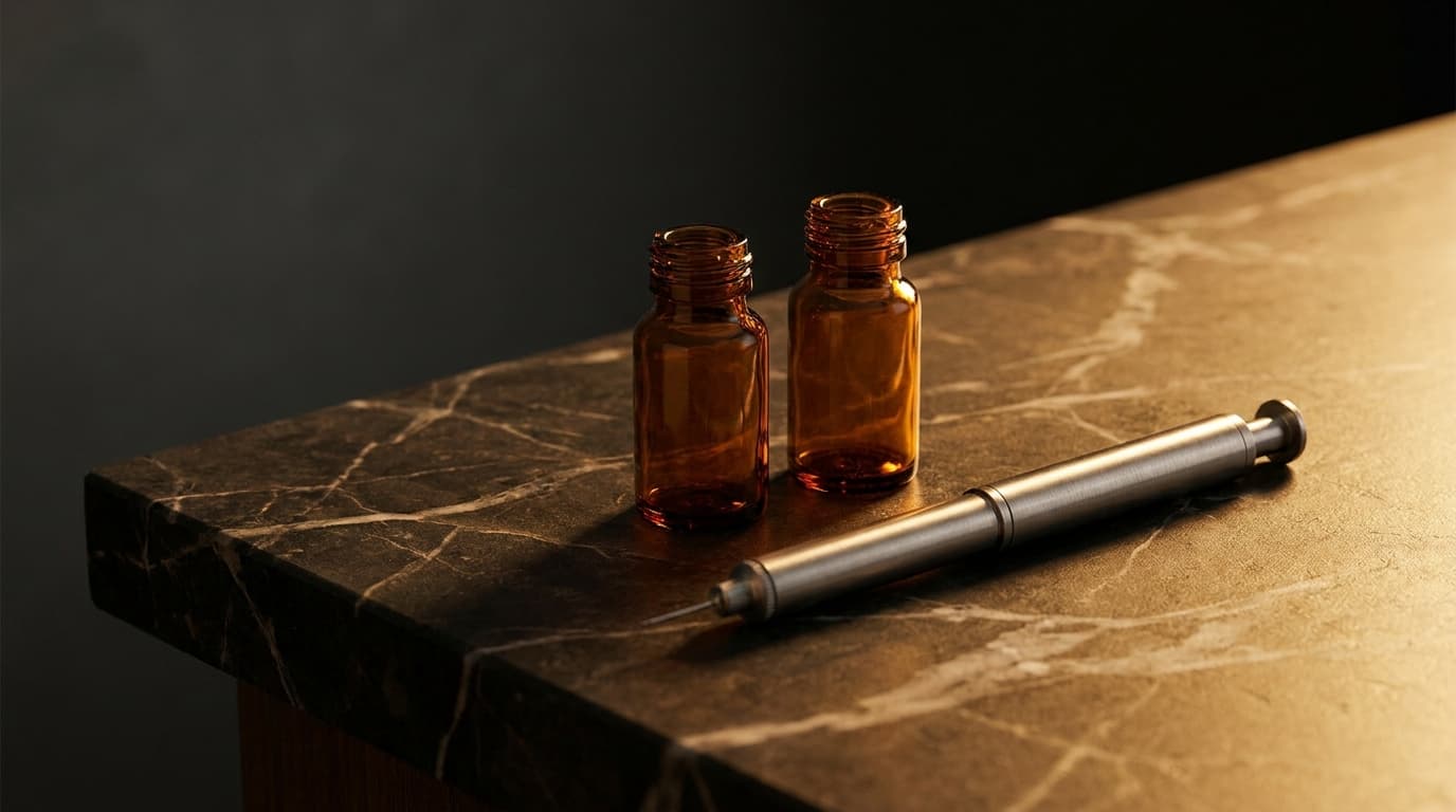 Two amber Tirzepatide vials with olive sprig on cream marble