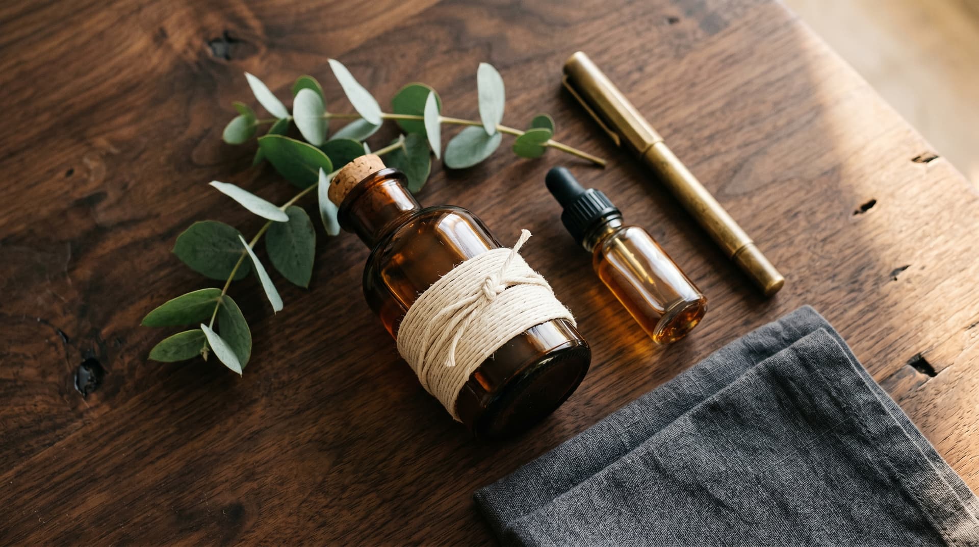 Linen-wrapped amber TRT vial with eucalyptus on dark walnut surface