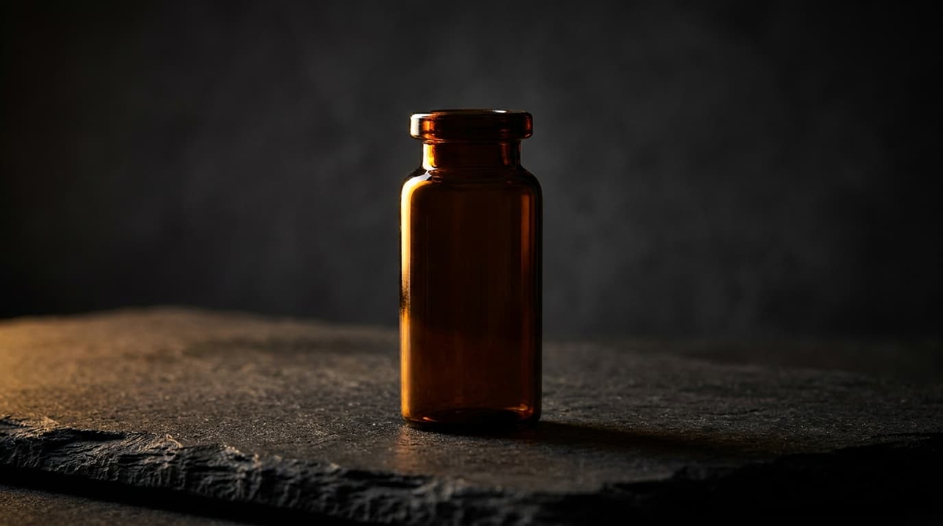 Linen-wrapped amber TRT vial with eucalyptus on dark walnut surface
