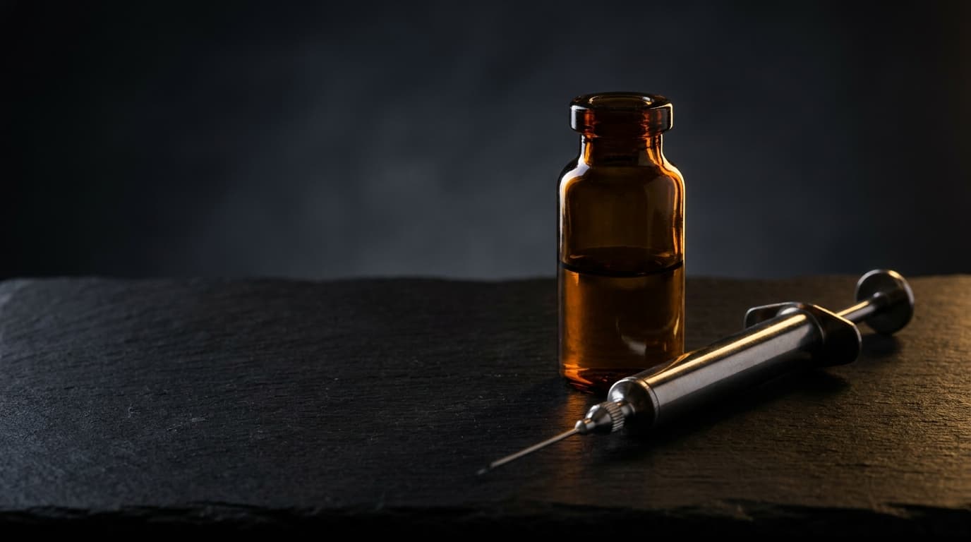 Amber testosterone vial and glass syringe on dark slate surface