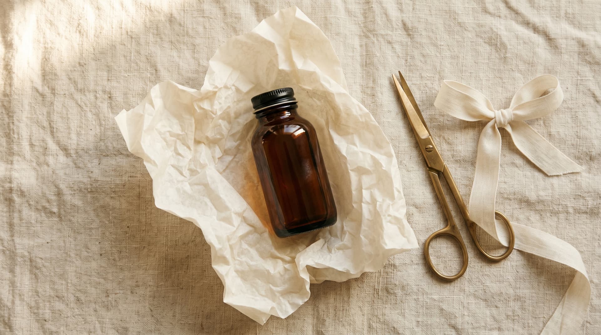 Amber TRT vial nestled in cream tissue with brass scissors and ribbon