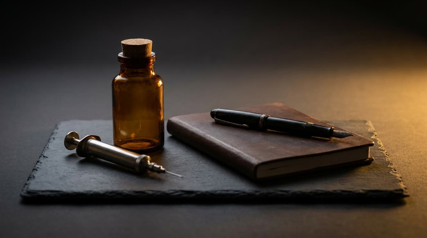 Amber TRT vial nestled in cream tissue with brass scissors and ribbon