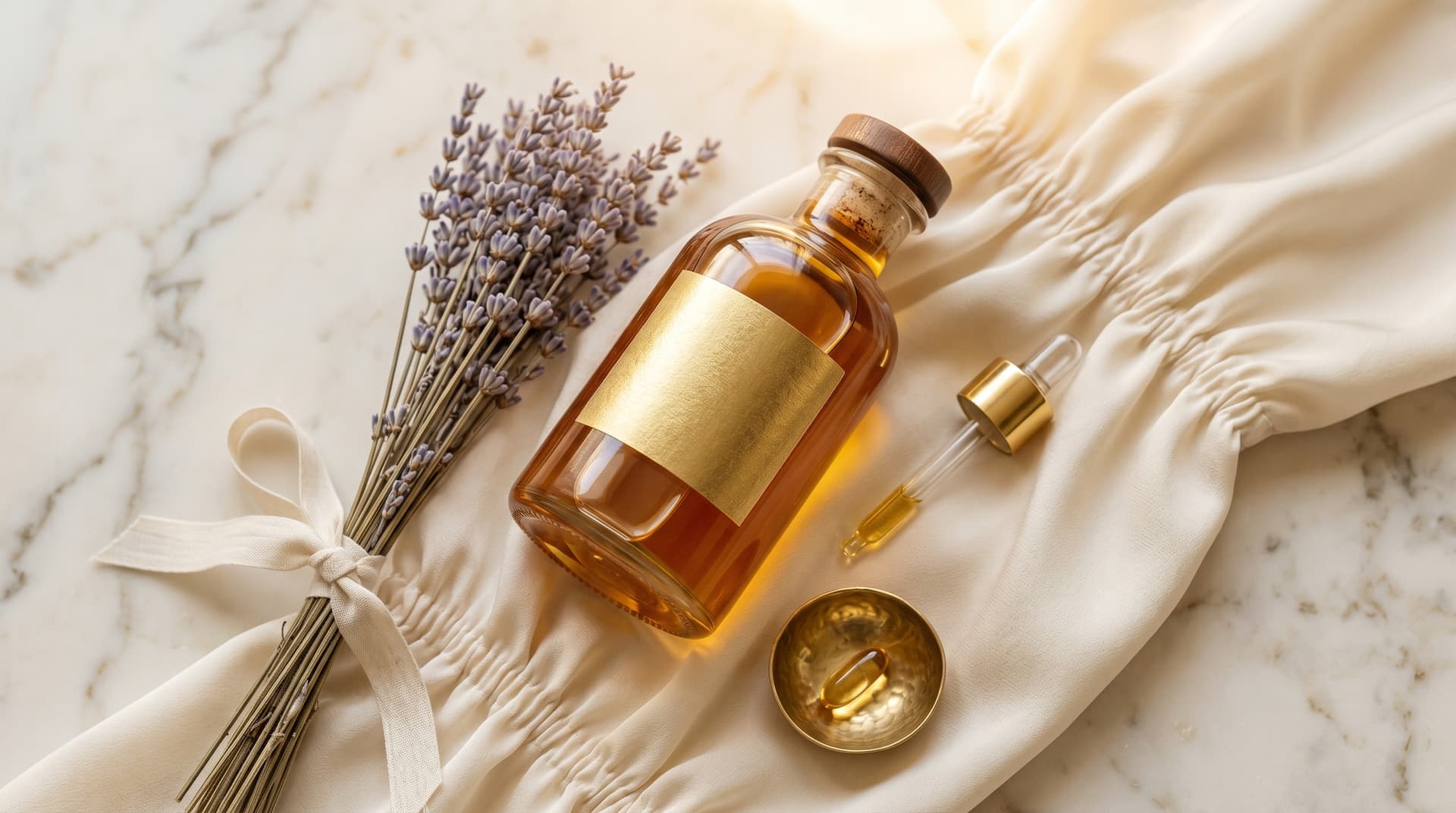 Amber wellness bottle with brass dropper, dried lavender, and gold capsule on cream silk
