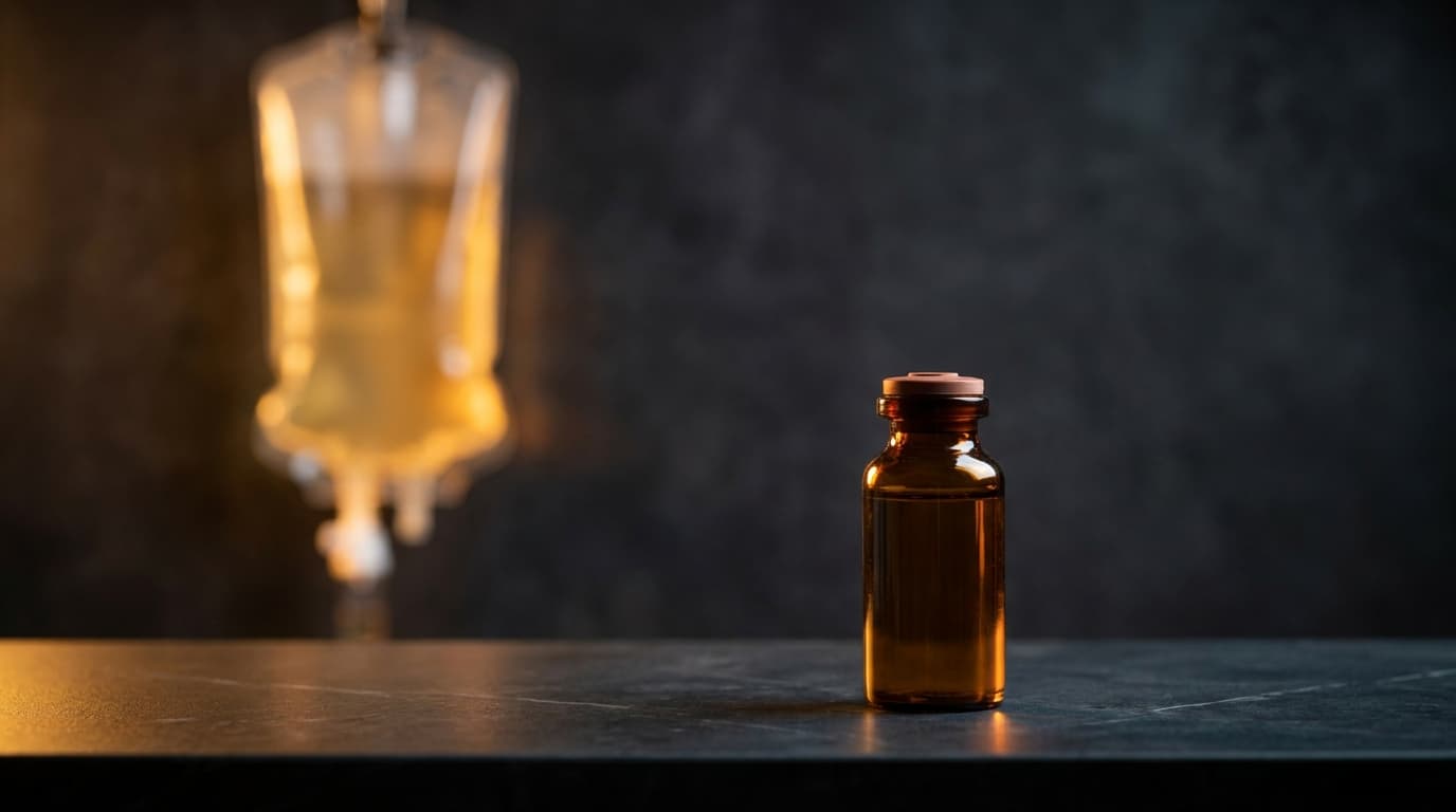 Amber wellness bottle with brass dropper, dried lavender, and gold capsule on cream silk