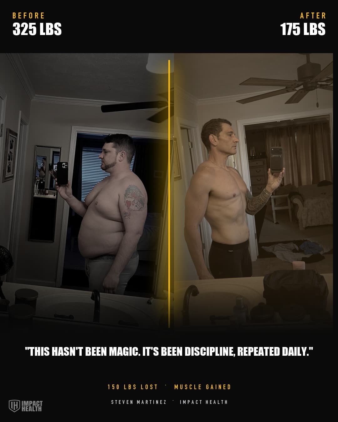 Steven Martinez transformation: 325 lbs (Dec 2022) to 175 lbs (April 2026)